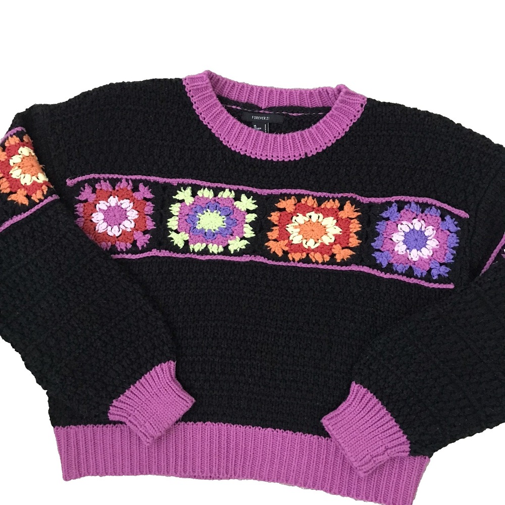 Forever 21 Crochet Sweater Granny Square Cropped Black Cottagecore Women's Small
